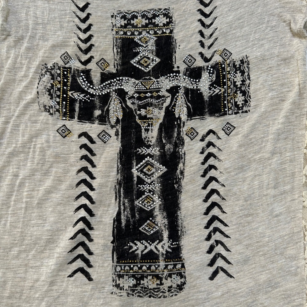 VTG Y2K Daytrip Graphic Tee Lace Women L Western Steer Skull Rhinestone Festival - Picture 8 of 10